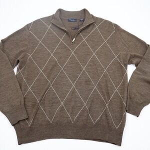 Linea Rosso Signature Mens Brown Merino Wool Argyle Quarter Zip Sweater Large